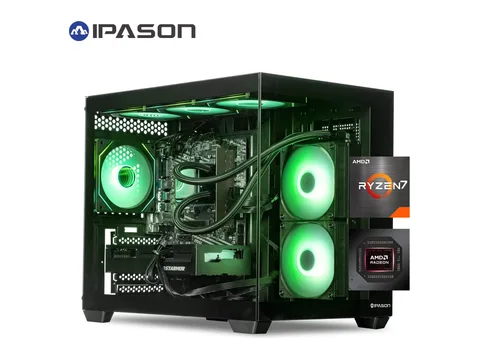 IPASON Gaming Desktop PC, Ryzen7 5700X, RX 9060 XT 8GB, 16GB DDR4,1TB NVMe SSD,550W PSU, Liquid Cooler,Wi-Fi,RGB Fans, Windows 11,Prebuilt Gaming Pc New Computer