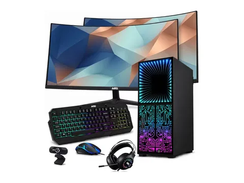 TechMagnet Horizon+ RGB Gaming PC, Core i7 8th Gen, 32GB RAM, 1TB SSD, RTX 2060, Dual 27" Curved Monitors, RGB Keyboard Mouse, Headset, Webcam, Wi-Fi, Win 11