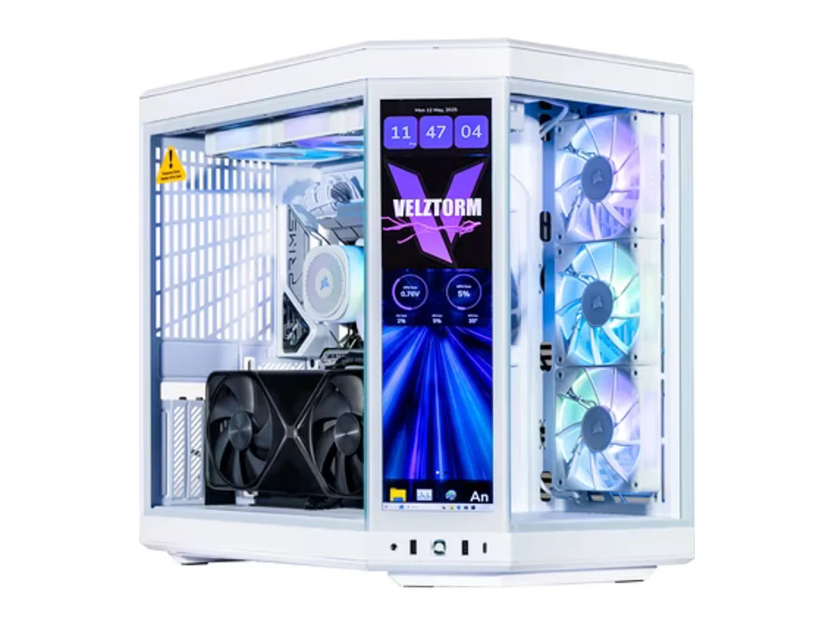 Velztorm LCD Praetix Custom Built Y70 Touch Gaming Desktop PC (Intel i9-14900K, RTX 5070 Ti, 32GB DDR5, 2TB PCIe SSD, RGB Fans, 360mm AIO, 1000W PSU, WiFi 6, BT 5.2, RJ-45, Win 11 Pro)