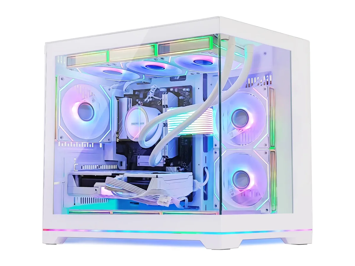 Hoengager Gaming PC AMD Ryzen 5 9600X, Radeon RX 9070 GRE 12G, 16GB DDR5, 3TB SSD, 850W Gold PSU, 360 Liquid Cooler, RGB Fusion 2.0, Windows 11 -White