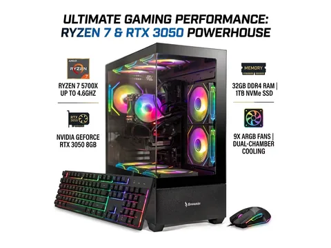 Gaming PC Desktop Computer – Ryzen 7 5700X up to 4.6GHz, NVIDIA GeForce RTX 3050, 32GB DDR4 RAM, 1TB NVMe SSD, Wi-Fi 6 & Bluetooth 5.4, 9× ARGB Fans, 650W PSU, Windows 11 Pro, RGB Keyboard & Mouse