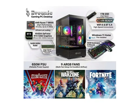 High Performance Gaming PC, AMD Ryzen 7 5800X, RTX 5060, 16GB DDR4, 1TB SATA SSD, WiFi 6, Windows 11
